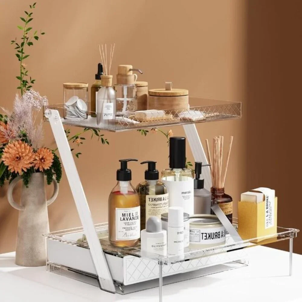 Z-Shaped 2-Tier Bathroom Organizer, Vanity Storage with Sliding Tray & Drawer